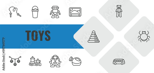 toys outline icon set. linear vector for ui, web and mobile. thin line skipping rope toy, bucket toy, robot toy icons.