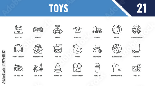 toys outline icon set. linear vector for ui, web and mobile. thin line piano toy, steering wheel toy, tricycle toy icons.