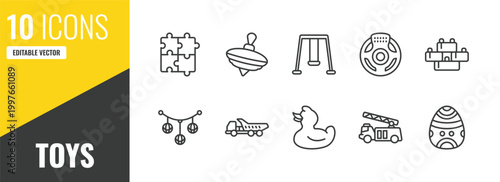 toys outline icon set. 10 linear vector for ui, web and mobile. thin line thinking game toy, spinning top toy, swing toy icons.