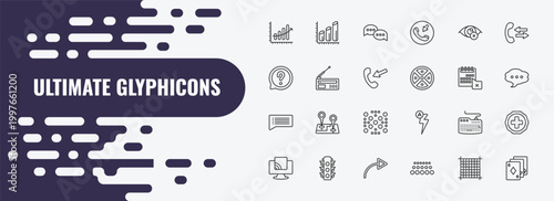 ultimate glyphicons outline icon set. linear vector for ui, web and mobile. thin line three bars graph, message bubble, private eye icons.
