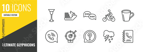 ultimate glyphicons outline icon set. 10 linear vector for ui, web and mobile. thin line cocktail glass, cargo boat, message bubble icons.