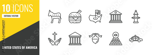united states of america outline icon set. 10 linear vector for ui, web and mobile. thin line democrat, burger, united states icons.