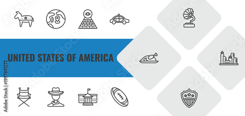 united states of america outline icon set. linear vector for ui, web and mobile. thin line donkey, pacific ocean, pyramid icons.