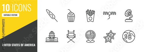 united states of america outline icon set. 10 linear vector for ui, web and mobile. thin line corndog, bake, french fries icons.