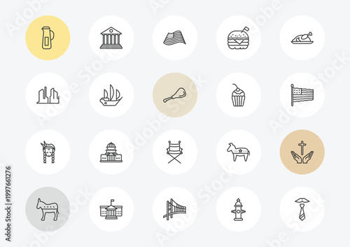 united states of america outline icon set. linear vector for ui, web and mobile. thin line baste, grand canyon, indian icons.