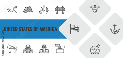 united states of america outline icon set. linear vector for ui, web and mobile. thin line thanksgiving day, patriotic, columbus day icons.