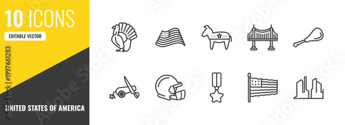 united states of america outline icon set. 10 linear vector for ui, web and mobile. thin line thanksgiving peacock, patriotic, donkey icons.