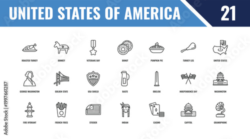united states of america outline icon set. linear vector for ui, web and mobile. thin line donkey, united states, obelisk icons.