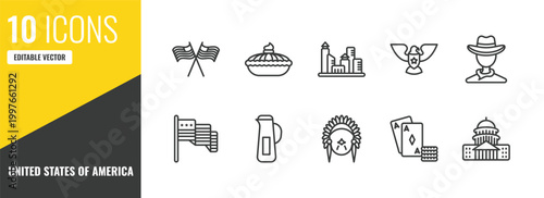 united states of america outline icon set. 10 linear vector for ui, web and mobile. thin line independence day, pumpkin pie, albuquerque icons.