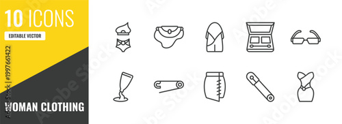 woman clothing outline icon set. 10 linear vector for ui, web and mobile. thin line bikini, handbag elegant, hobo shoulder bag icons.