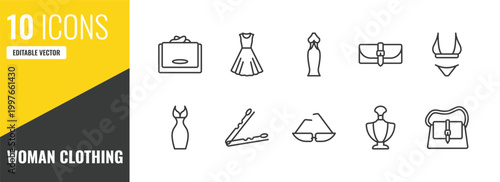 woman clothing outline icon set. 10 linear vector for ui, web and mobile. thin line wallet, vintage dress, long black gown icons.