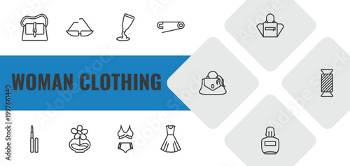 woman clothing outline icon set. linear vector for ui, web and mobile. thin line female handbag, cat eyes glasses, creme container black icons.