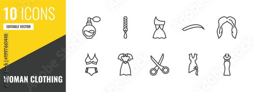woman clothing outline icon set. 10 linear vector for ui, web and mobile. thin line parfum bottle, zip, female sexy dress icons.