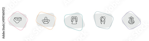 woman clothing outline icon set. linear vector for ui, web and mobile. thin line handbag elegant, female black handbag, heart shaped clothes icons.