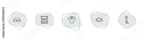 woman clothing outline icon set. linear vector for ui, web and mobile. thin line round eyeglasses, eyes shades makeup, polo shirt for women icons.