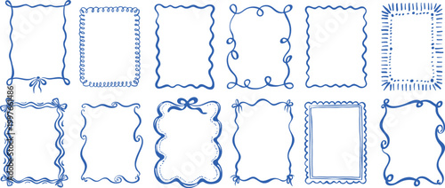 Collection of hand drawn blue doodle frames on a white background