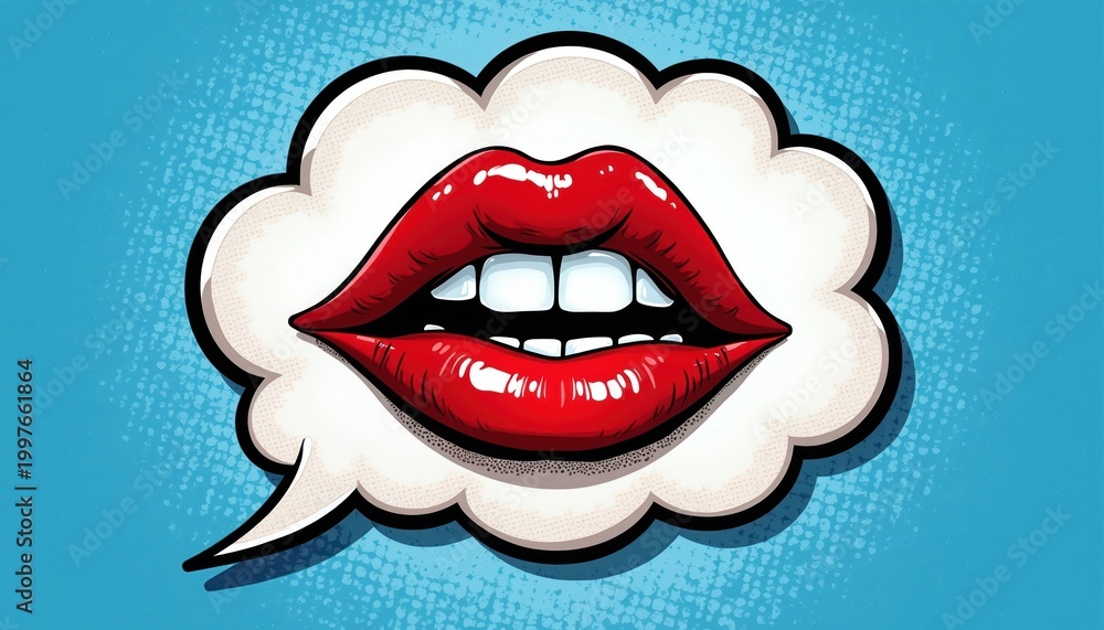 Obraz premium Bold pop art illustration shows open red lips inside white comic speech bubble on blue halftone background. Bright retro graphic art style communicates message loudly.