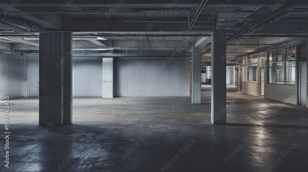 Fototapeta premium Empty industrial building interior featuring a concrete floor, structural columns, and exposed piping, creating a sense of vast, abandoned space perfect for renovation or development themes