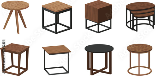Selection of Contemporary Side Tables Featuring Wooden Tops and Metal Frames with Minimalist Round Square and Nesting Designs for Living Room Interior Decor