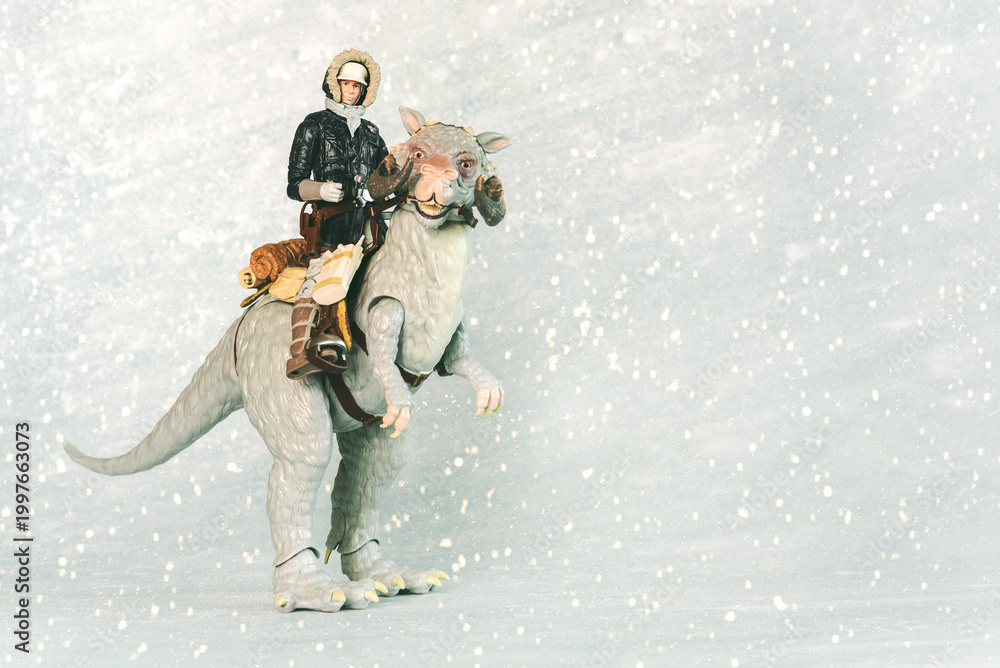 Obraz premium Han solo y Tauntaun action figures characters from the Star Wars movie saga and space for text. Illustrative editorial