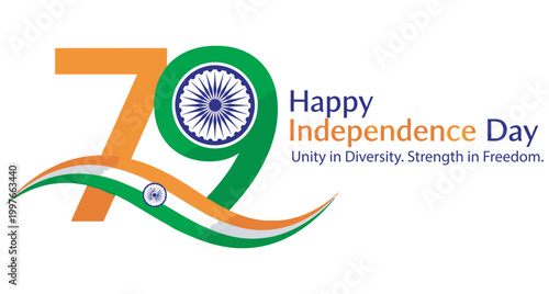 Independence Day Seventy nine years of independence day india typography with ashoka chakra and flowing tricolor waves for national celebration India