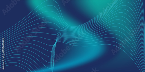 Dynamic abstract blue and green gradient background featuring elegant flowing white lines, ideal for modern technology presentations, corporate branding, or digital art projects