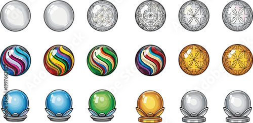 Comprehensive Collection of Glass Marbles and Decorative Spheres Featuring Colorful Swirl Patterns Sparkling Diamonds and Ornate Stands for Gaming or Ornament Design