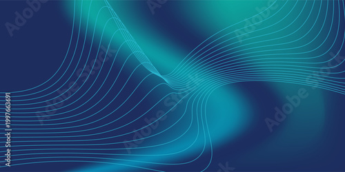 Dynamic abstract blue and green gradient background featuring elegant flowing white lines, ideal for modern technology presentations, corporate branding, or digital art projects