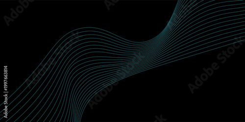 Vector wavy lines pattern smooth curve flowing dynamic blue green gradient light isolated on black background for concept of technology, digital, communication, science, music.