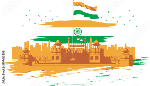 Independence Day Red Fort landmark with Indian flag and birds silhouette for 15th August India independence day vector art India