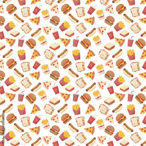 Seamless fast food pattern with burger pizza fries and soda vector background for packaging and branding design