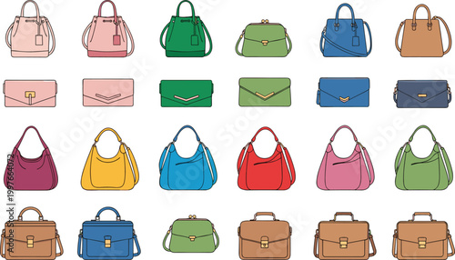 Large Collection of Women Fashion Handbags Including Stylish Tote Bags Elegant Clutches Shoulder Bags and Colorful Purses for Modern Lifestyle and Accessory Design Projects