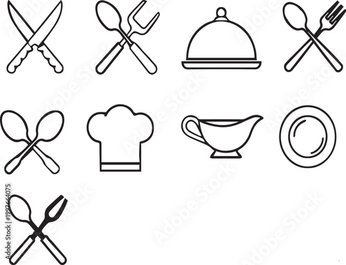 Culinary icons a collection of black and white utensil and food service line art