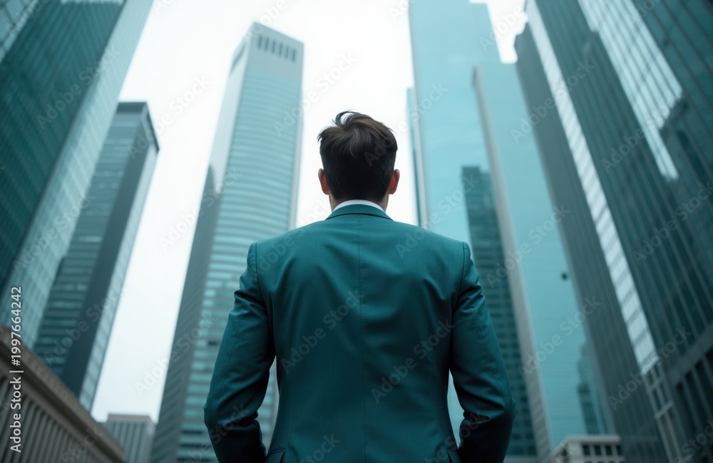 Fototapeta premium Man in suit stands looking up at tall city buildings. Business professional faces modern skyscrapers. Urban skyline view, career ambition. Success concept.