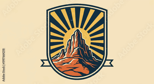Mountain peak silhouette emblem with rising sun and ribbon element