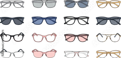 Large Collection of Eyeglasses and Sunglasses Illustrations Featuring Various Frame Styles and Tinted Lenses for Fashion Lifestyle and Vision Care Graphic Projects