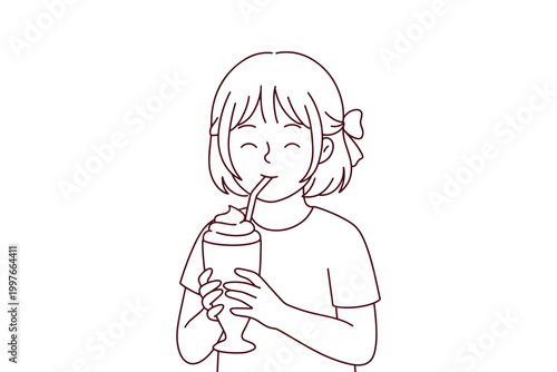 Coloring page of a child happily drinking a chocolate milkshake through a straw. Simple line art for kids focusing on sweet snacks and daily treats.