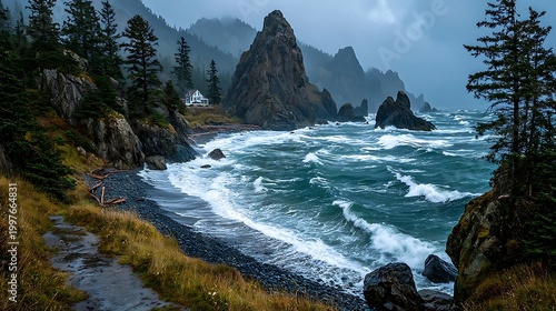Moody ocean landscape with rugged coast and approaching storm wallpapers