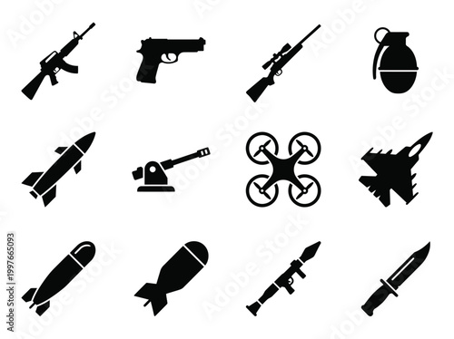 Black silhouettes of various weapons and military icons