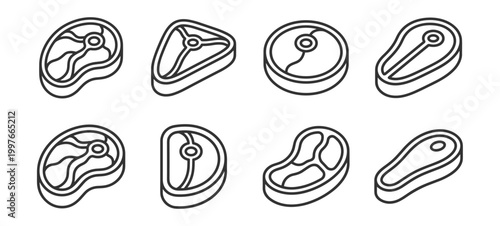 set of raw meat steak outline icons vector illustration on transparent background