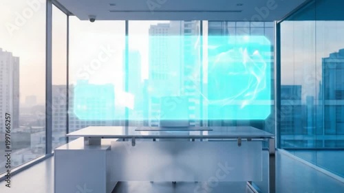 Futuristic office with holographic interface overlooking city skyline