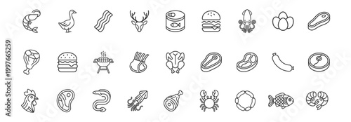 set of outlined food icons including meat, seafood, poultry, canned fish, burger, barbecue, and eggs on transparent background