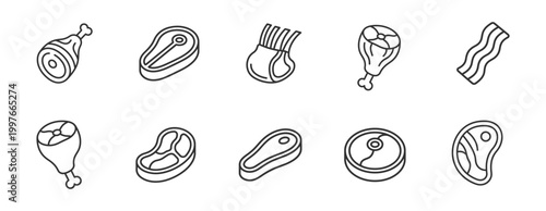 icons of various meat cuts line art collection on transparent background