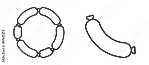 sausage link chain and single sausage line art vector illustration on transparent background