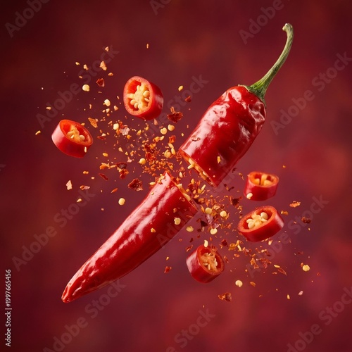 Explosive red chili pepper with sliced pieces and flying seeds on dark background