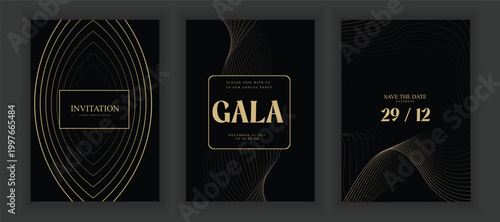Minimal Luxury Black Gold Gala Invitation, Creative Art Deco Geometric Background, Elegant Event Card Template Vector Illustration