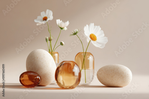 Cosmos flowers with amber glass and stones