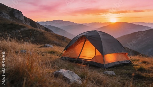 Sunset mountain camping: tranquil tent retreat in picturesque landscape