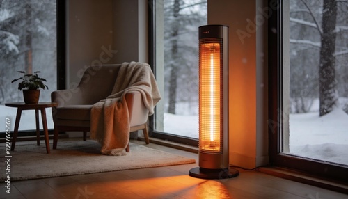 Cozy winter living room with modern heater and snowy forest view