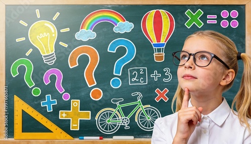 Creative child imagining solutions with chalkboard symbols of innovation and curiosity